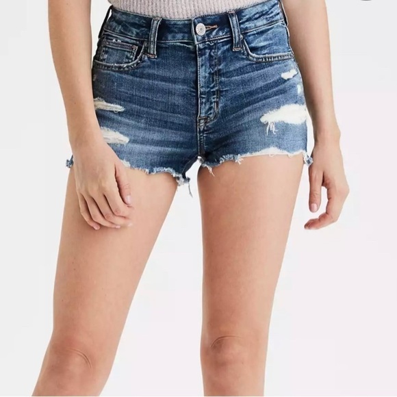 AE Next Level Stretch Curvy High Rise Shortie Distressed Denim Shorts - Picture 9 of 10
